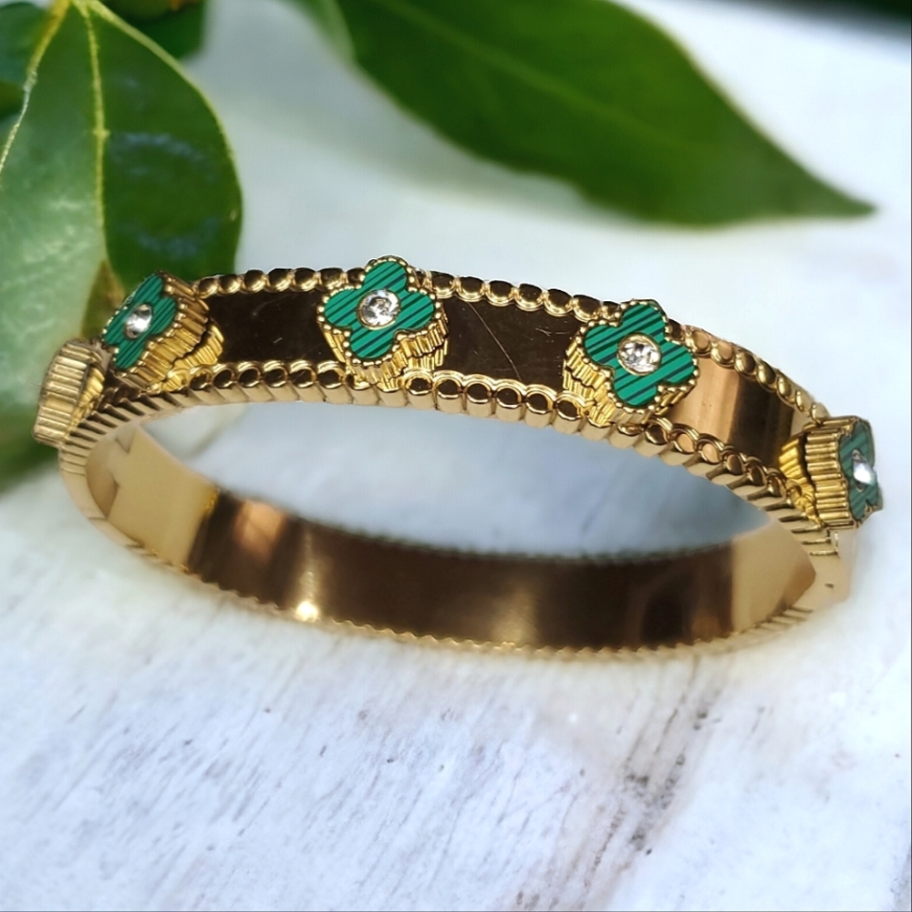 Gold Clover Malachite Zircon Bangle Bracelet - Picture 3 of 4